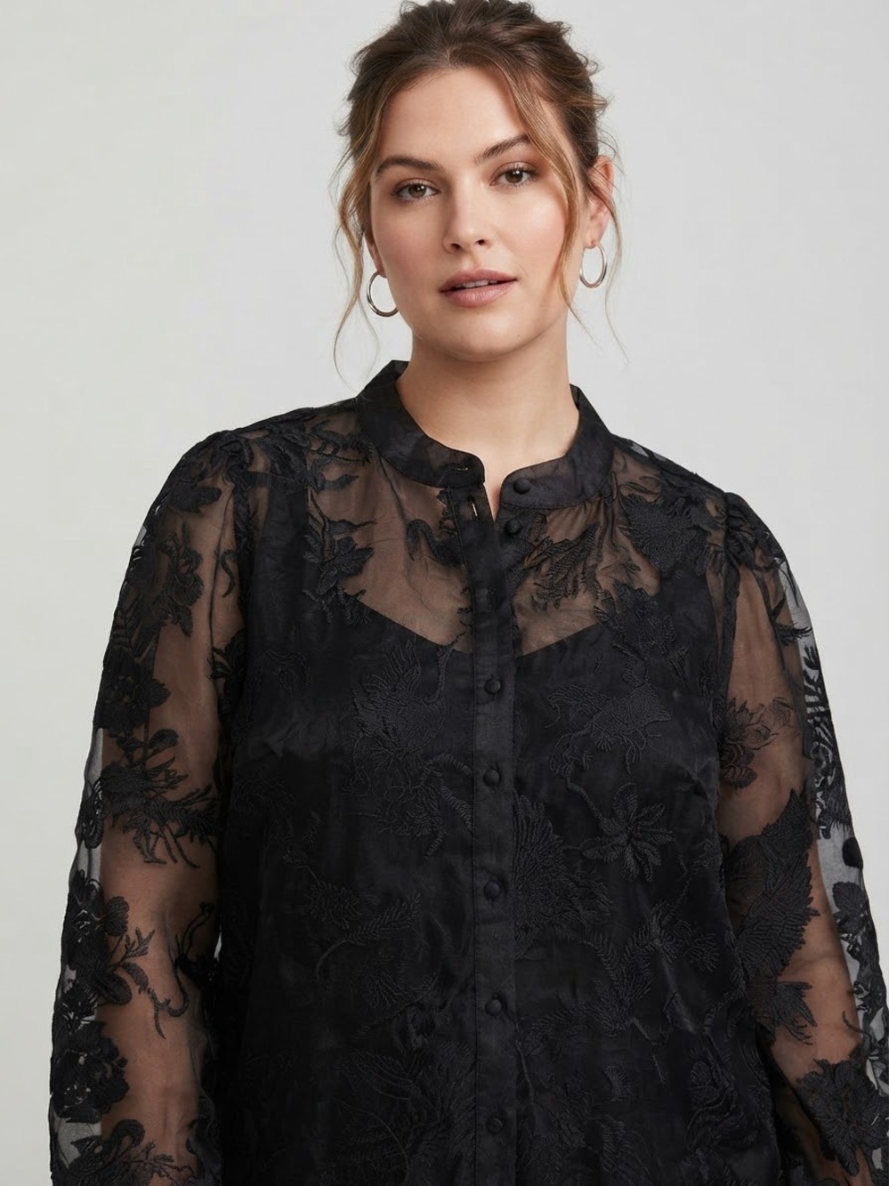 Torrid Nightfall Black Lace Sheer Blouse Embroidered Floral/Crane Size 4 / US 26
